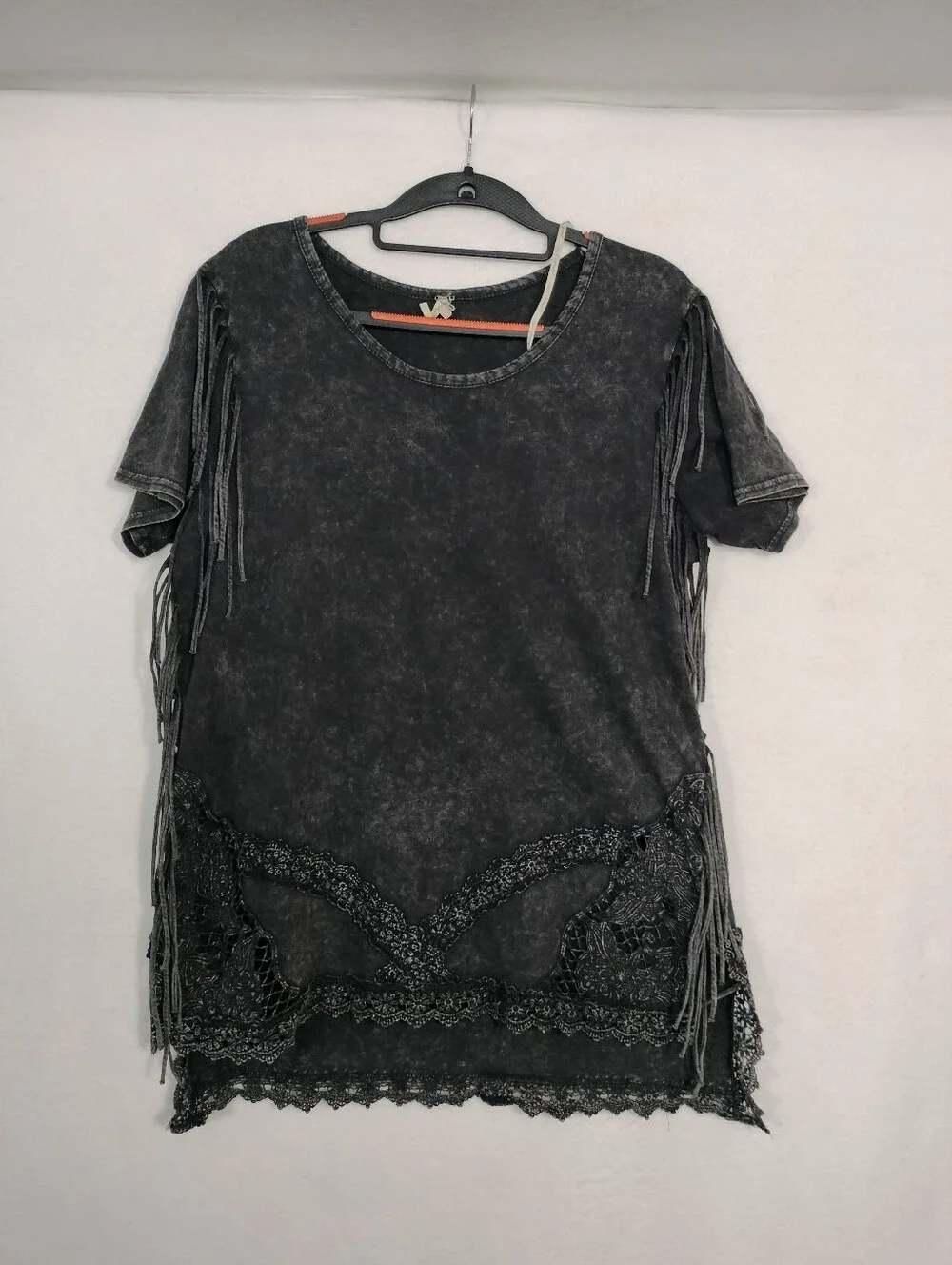 BKE Black Washed Short Sleeve Fringe Lace Tee - Picture 1 of 5